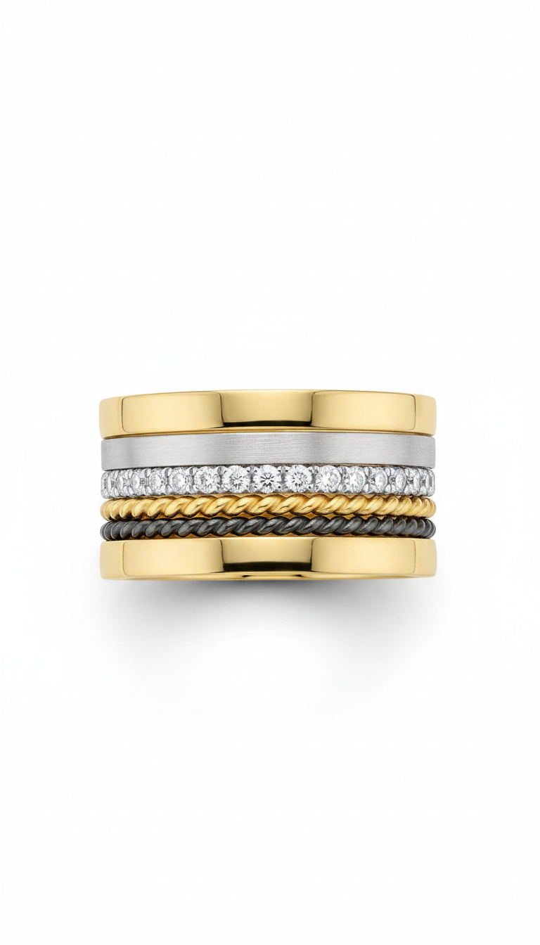 Layered stacking rings set in gold